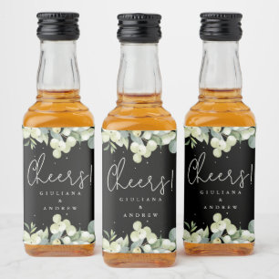 Black Snowberry+Eucalyptus Winter Wedding Mini Liquor Bottle Label