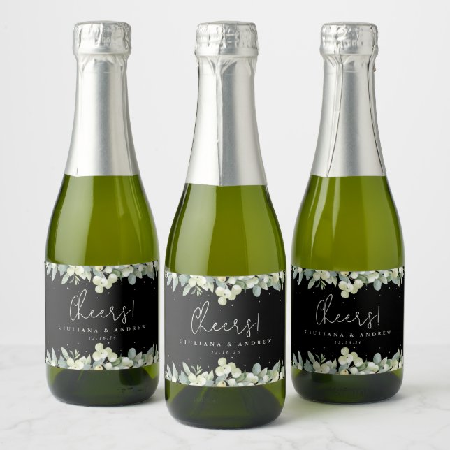 Black Snowberry+Eucalyptus Winter Wedding Mini Sparkling Wine Label (Bottles)