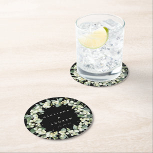 Black Snowberry & Eucalyptus Winter Wedding  Round Paper Coaster