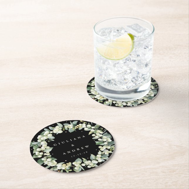 Black Snowberry & Eucalyptus Winter Wedding  Round Paper Coaster (Insitu)