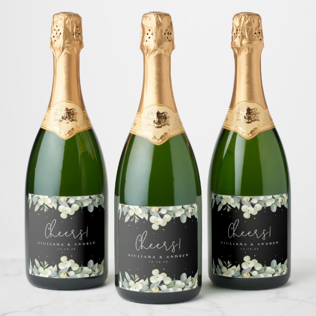 Black Snowberry+Eucalyptus Winter Wedding Sparkling Wine Label (Bottles)