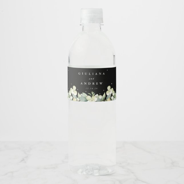 Black Snowberry+Eucalyptus Winter Wedding Water Bottle Label (Front)