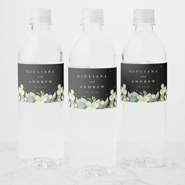 Black Snowberry+Eucalyptus Winter Wedding Water Bottle Label (Bottles)