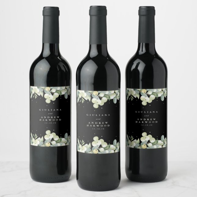 Black Snowberry+Eucalyptus Winter Wedding Wine Label (Bottles)