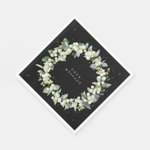 Black Snowberry+Eucalyptus Wreath Holiday Party Napkin