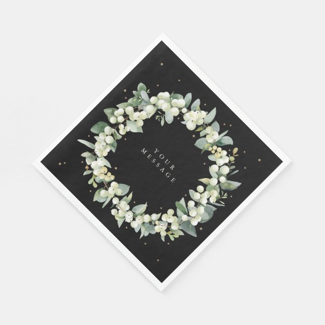 Black Snowberry+Eucalyptus Wreath Holiday Party Napkin (Corner)
