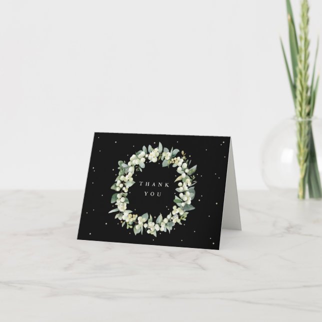 Black Snowberry+Eucalyptus Wreath Wedding Note Thank You Card (Front)