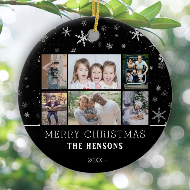 Black Snowflake Christmas Family 6 Photo Collage Ceramic Tree Decoration (Creator Uploaded)