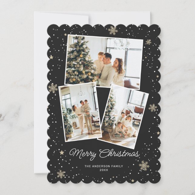 Black Snowflake Photo Collage Merry Christmas Card (Front)