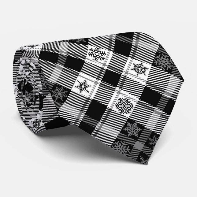 Black Snowflake Plaid - Christmas Pattern Tie (Rolled)