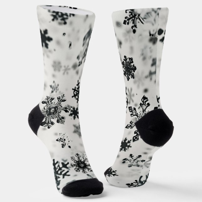 Black Snowflakes Christmas Crew Socks (Angled)