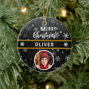 Black Snowflakes Custom Name Merry Christmas Photo Ceramic Tree Decoration