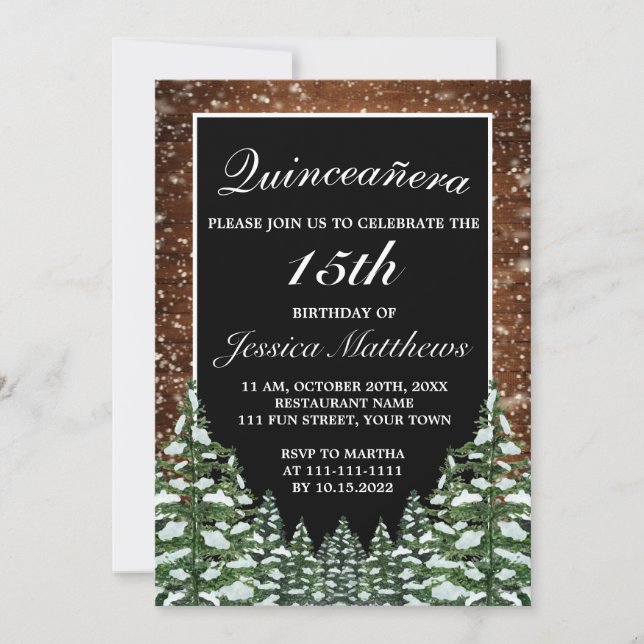 Black Snowy Forest & Wood Pine Tiara Quinceañera Invitation (Front)
