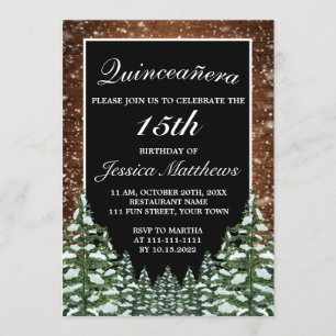 Black Snowy Forest & Wood Pine Tiara Quinceañera Invitation