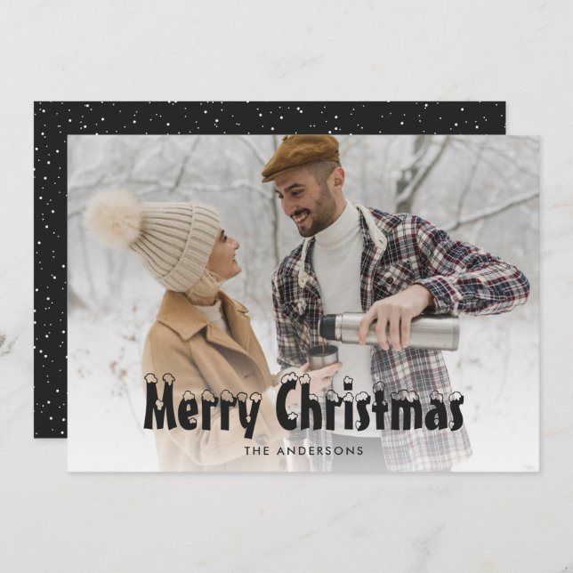 Black Snowy Photo Merry Christmas Cards (Front/Back)