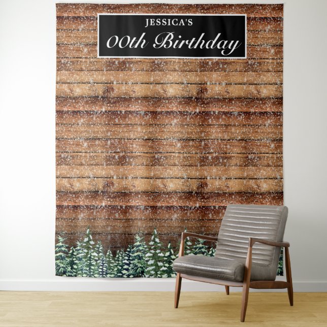 Black Snowy Wood Forest Birthday Photo Background Tapestry (In Situ)