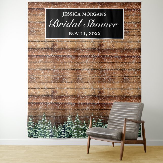 Black Snowy Wood & Forest Bridal Shower Photo Tapestry (In Situ)