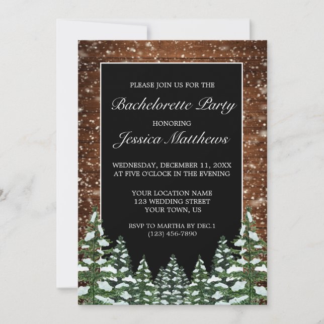 Black Snowy Wood Forest Country Bachelorette Party Invitation (Front)