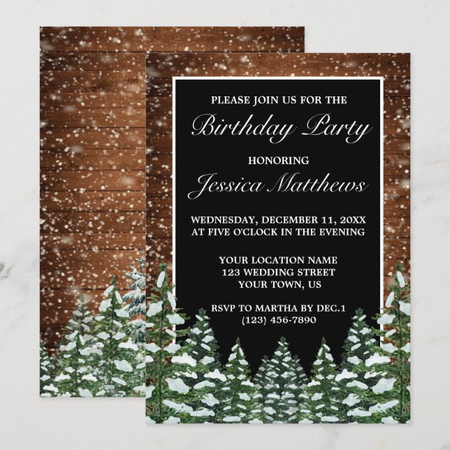 Black Snowy Wood & Forest Country Pine Birthday Invitation (Front/Back)
