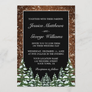 Black Snowy Wood & Forest Country Pine Wedding Invitation
