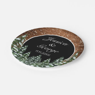 Black Snowy Wood & Forest Country Pine Wedding Paper Plate