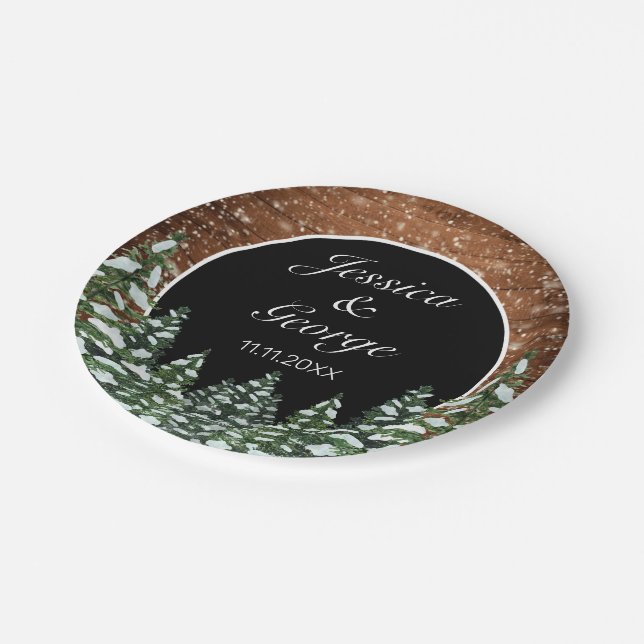 Black Snowy Wood & Forest Country Pine Wedding Paper Plate (Angled)