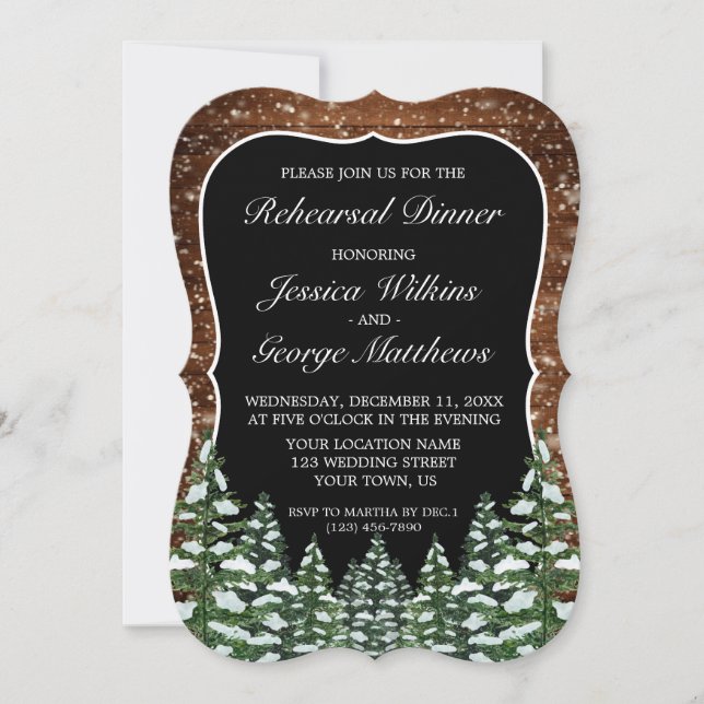 Black Snowy Wood & Forest Country Rehearsal Dinner Invitation (Front)