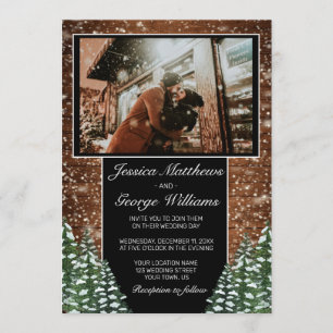 Black Snowy Wood & Forest Country Wedding Photo Invitation