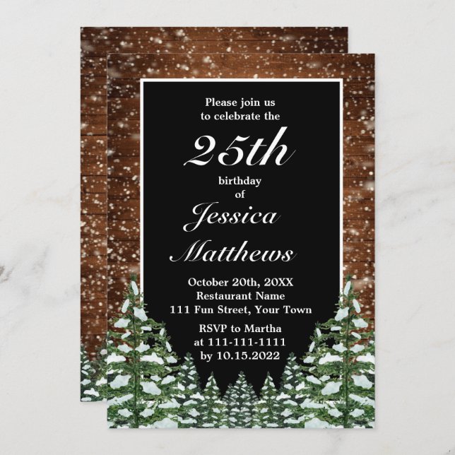 Black Snowy Wood & Forest Custom Birthday Party Invitation (Front/Back)