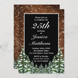 Black Snowy Wood & Forest Custom Birthday Party Invitation