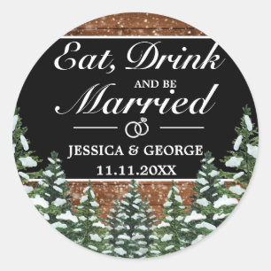Black Snowy Wood Forest Eat Drink Married Wedding Classic Round Sticker