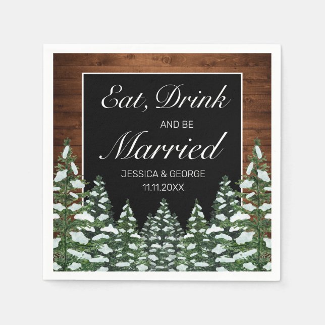 Black Snowy Wood Forest Eat Drink Married Wedding Napkin (Front)