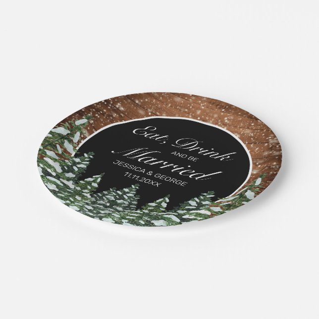 Black Snowy Wood  Forest Eat Drink Married Wedding Paper Plate (Angled)