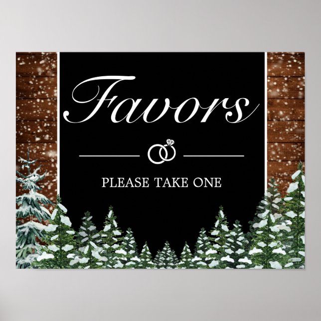 Black Snowy Wood & Forest Favours Wedding Sign (Front)
