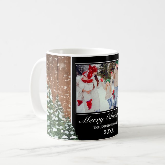 Black Snowy Wood & Forest Merry Christmas Photo Coffee Mug (Front Left)