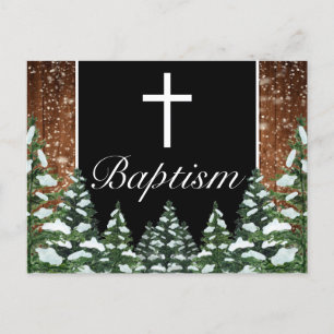 Black Snowy Wood & Forest Pine Baby Baptism Announcement Postcard