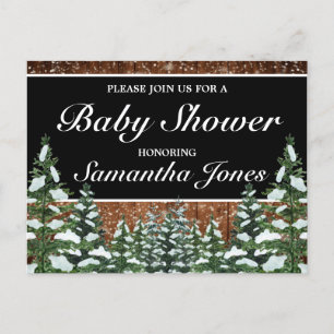 Black Snowy Wood & Forest Pine Baby Shower Announcement Postcard