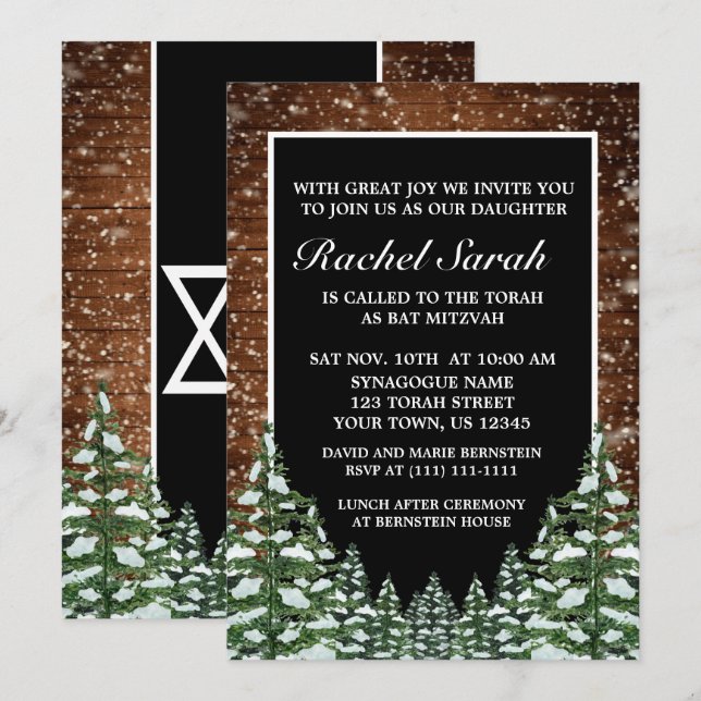 Black Snowy Wood & Forest Pine Bar Bat Mitzvah Invitation (Front/Back)