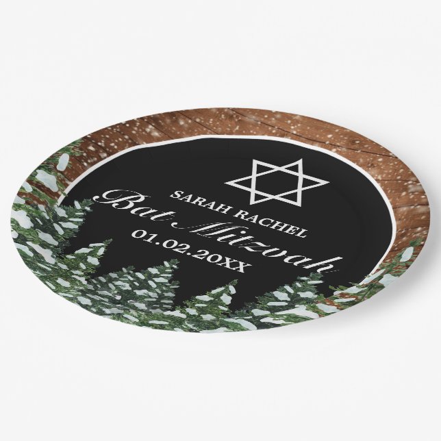 Black Snowy Wood & Forest Pine Bar Bat Mitzvah Paper Plate (Angled)
