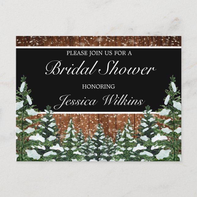 Black Snowy Wood & Forest Pine Bridal Shower Announcement Postcard (Front)