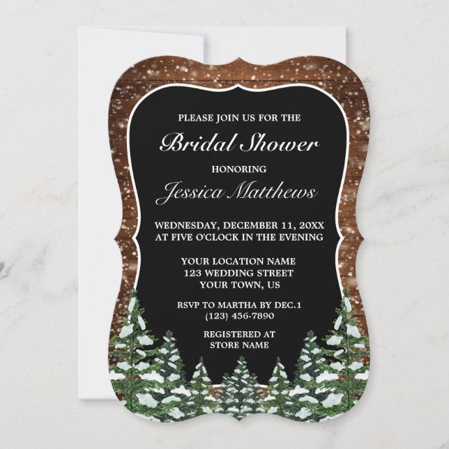 Black Snowy Wood & Forest Pine Bridal Shower Invitation (Front)