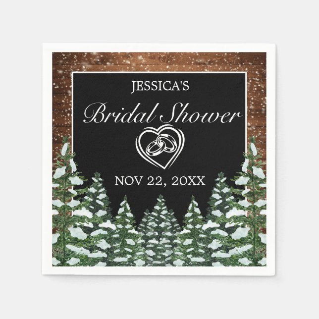 Black Snowy Wood & Forest Pine Bridal Shower Napkin (Front)