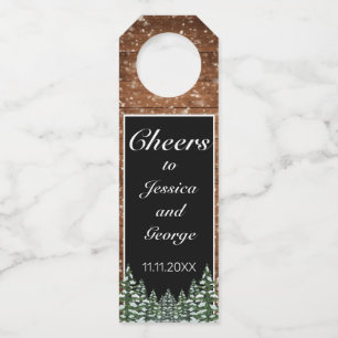 Black Snowy Wood & Forest Pine Cheers Wedding Bottle Tag
