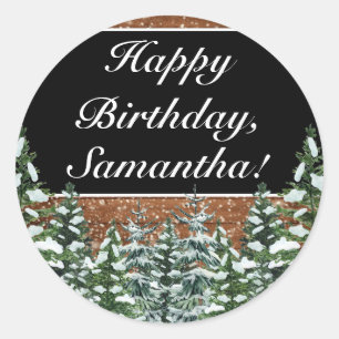 Black Snowy Wood & Forest Pine Happy Birthday Classic Round Sticker