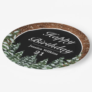Black Snowy Wood & Forest Pine Happy Birthday Paper Plate