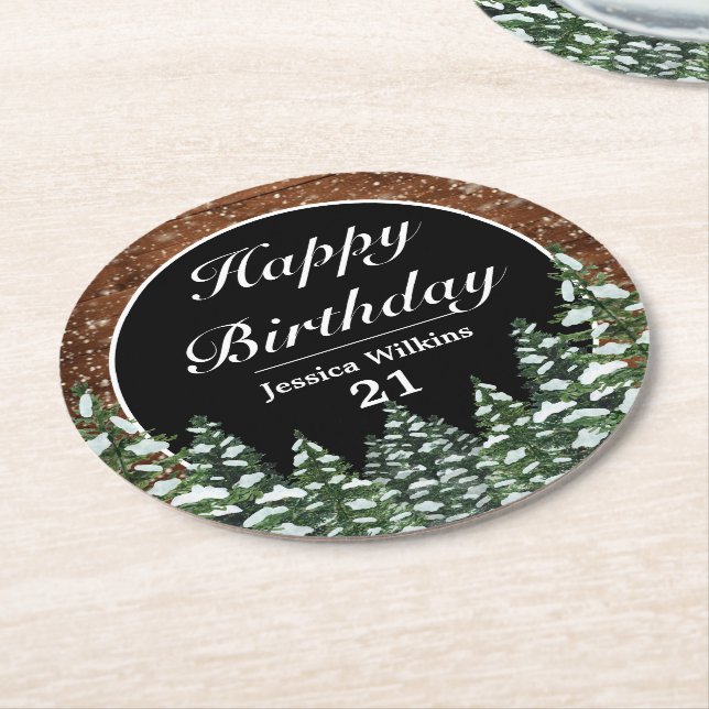 Black Snowy Wood & Forest Pine Happy Birthday Round Paper Coaster (Angled)