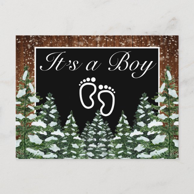 Black Snowy Wood & Forest  Pine It's a Boy Announcement Postcard (Front)