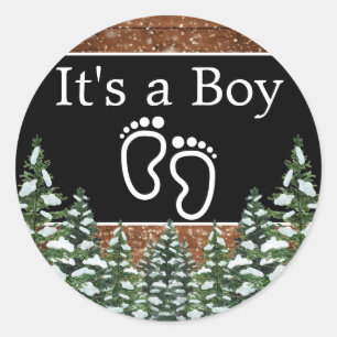 Black Snowy Wood & Forest Pine IT'S A BOY Classic Round Sticker