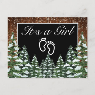 Black Snowy Wood & Forest Pine It's a Girl Announcement Postcard