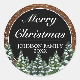 Black Snowy Wood & Forest Pine Merry Christmas Classic Round Sticker